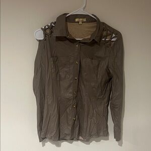 Women's Brown Button Down Shirt soft pleather